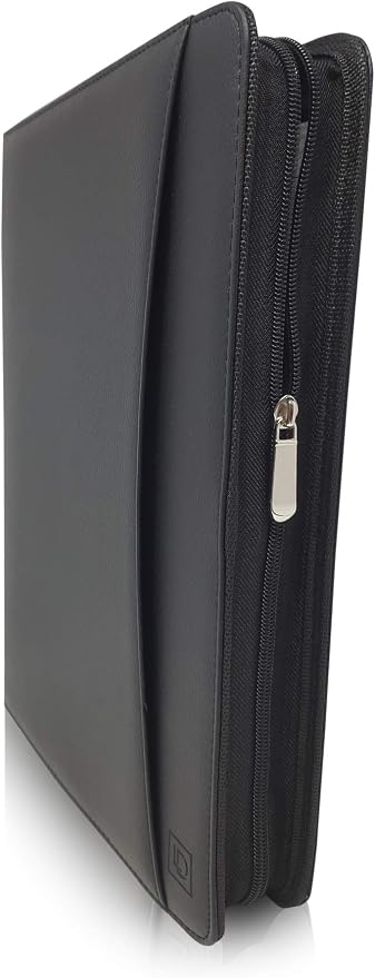 Matt Black Zippered Portfolio Binder - PU Leather Business Portfolio Organizer - Padfolio for Men & Women with US Letter Notepad, 10.5 Inch Tablet Pocket & Gift Box by Lautus Designs