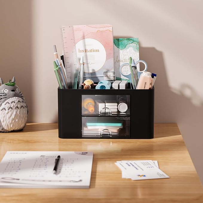Stationary Organiser 7-Grid Desk Organizer with Drawer – Multifunctional Plastic Table Organizer & Pen Holder for School, Office, and Home (Black)