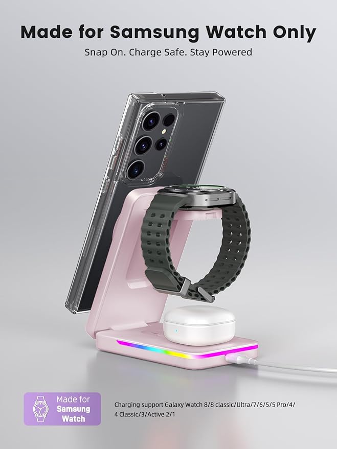 Wireless Charger for Samsung, 3 in 1 Charging Station for Samsung - Magnetic Android Charging Station for Galaxy S26 Ultra, Z Fold/Flip & Buds4 Pro - Nightstand Organizer & Bedside Charger for Travel