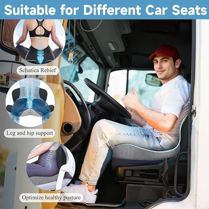 Memory Foam Seat Cushion for Truck Drivers, Office Chairs & Car Seats Back Support Sciatica Relief Pillow for Tailbone Ergonomic Pressure Relief Pad for Long Sitting & Driving