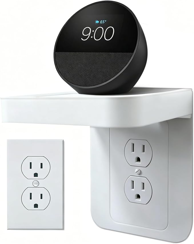 Outlet Shelf Wall Holder with Cord Storage, Wall Outlet Shelf Organizer for Bathroom, Kitchen & Bedroom, Plug Shelf for Standard Outlet, Compatible with HomePod Mini, Google Home, Toothbrush & Phone