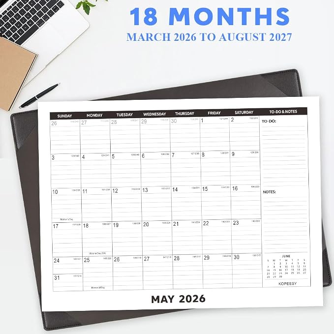 Large Desk Calendar 2026-2027 with Desktop Mat, KOPEESY 22" x 17" Desktop Calendar, 18 Mouths From March 2026 to August 2027, Office Supplies Desk Blotter Calendar for Home School and Office