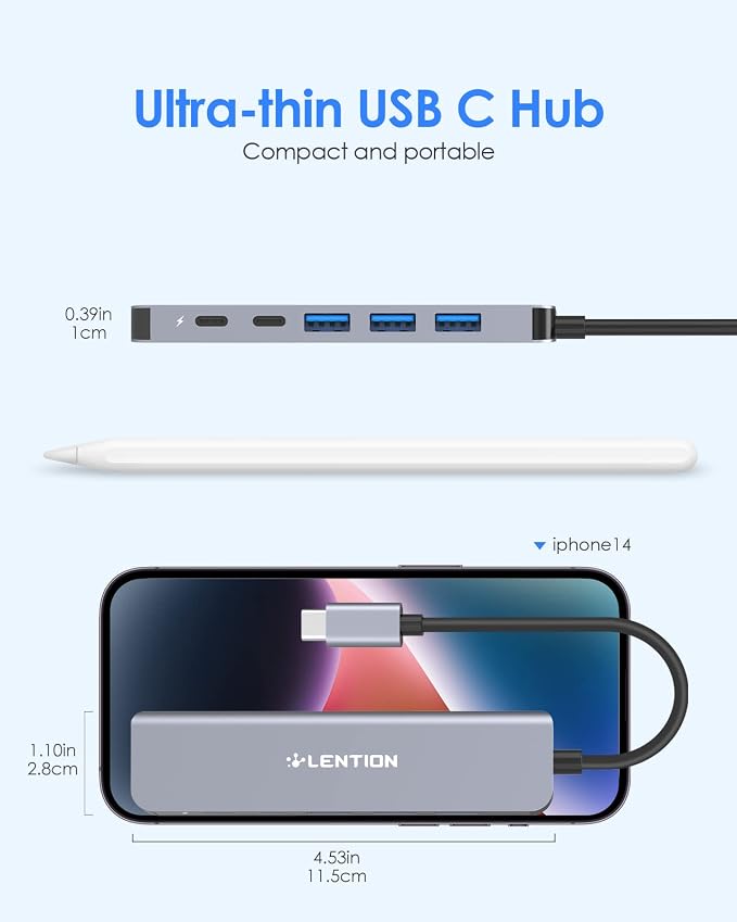 LENTION USB C Hub, Multiport with 4K@60Hz HDMI, 3xUSB-A Ports, USB-C Data Port, 100W PD Port, Compatible New MacBook Pro/Air, iPhone 17 Pro/Pro Max, Surface, Chromebook, More(CE35p, Gray)