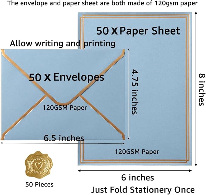50 Pack Stationery Set with Envelopes, Dusty-Blue, 6x8 Inches | Gold Border, A6 Envelopes 4.75x6.5 inch and 6x8 Paper Sheets, Stickers for Letter Writing, Invitations
