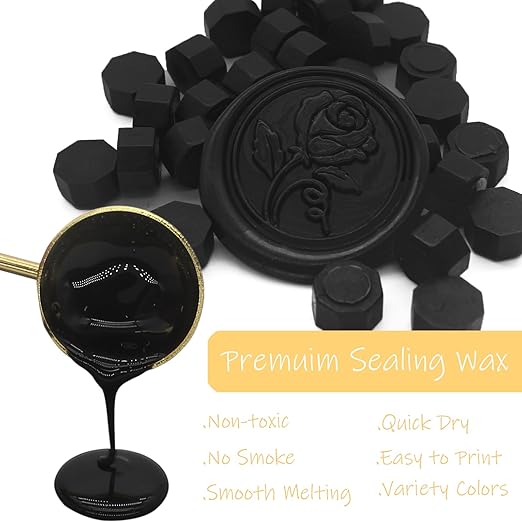 Wax Seal Beads Kit - 300pcs Black Sealing Wax Beads with Wood Melting Warmer, Spoon & 10 Mini Candles for Stamp Seals, Wedding Invitation, Envelope, Cards, Gift Wrapping Decorations