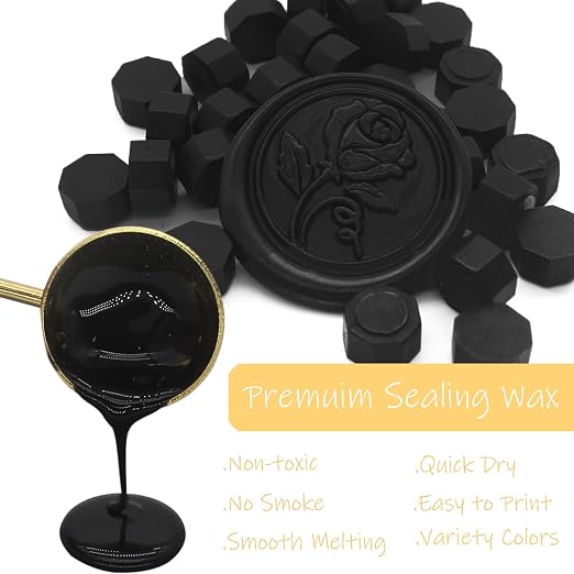250pcs Wax Seal Beads Black, Andotopee Premium Sealing Wax Beads for Stamp Seals, Octagon Seal Stamp Pellets Refill Pack for Wedding Invitation, Letter Envelope, Scrapbook DIY, Formal Documents
