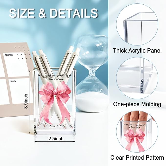 Every Good And Perfect Gifts Is From Above Acrylic Cosmetic Holder | Pink Bow Clear Makeup Brush Holder Countertop, James 1:17 Christian Bible Verses Birthday Gifts for Women Girlfriend Her