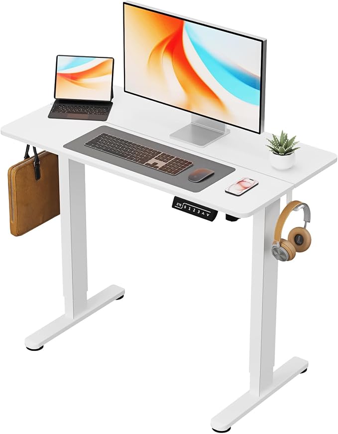 Small Electric Standing Desk, 40" ×20" White Standing Table, Height Adjustable Compact Sit Stand Desk with Splice Board, Home Office Table with 2 Hooks