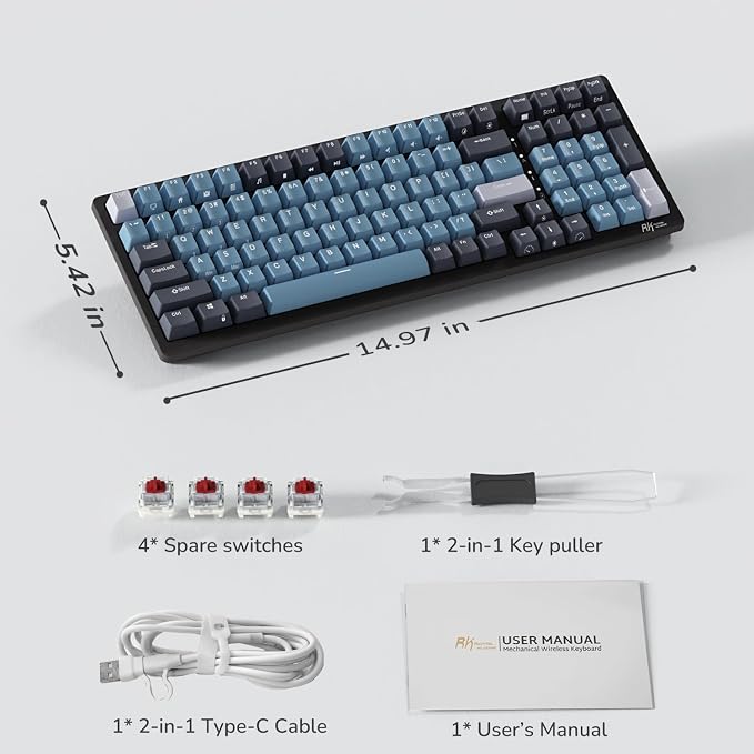 RK ROYAL KLUDGE RK98 Wireless Mechanical Keyboard, Triple Mode 2.4G/BT5.1/USB-C Hot Swappable Keyboard with Number Pad, Pre-lubed Linear Switches RGB Backlit Gaming Keyboard, Software Support