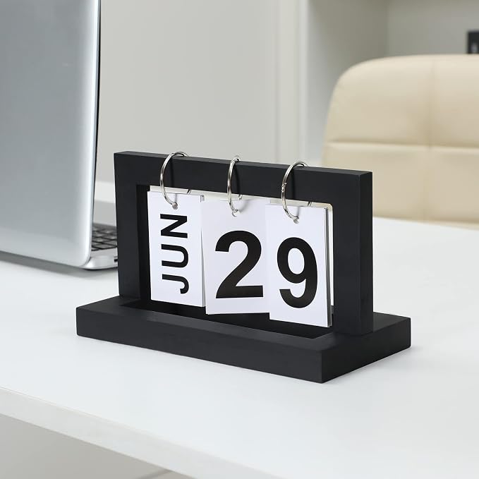 Perpetual Flip Desk Calendar- Small Cute Office Desktop Calendar with Memorial Day Tracking - Classic Black