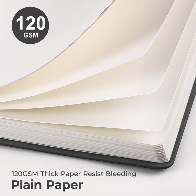 AHGXG Blank Journal Notebook, 160 Pages, A5 Medium Size (5.7'' x 8.3''), 120 GSM Thick Paper, Leather Hardcover, for Sketching, Drawing, Painting (Black)
