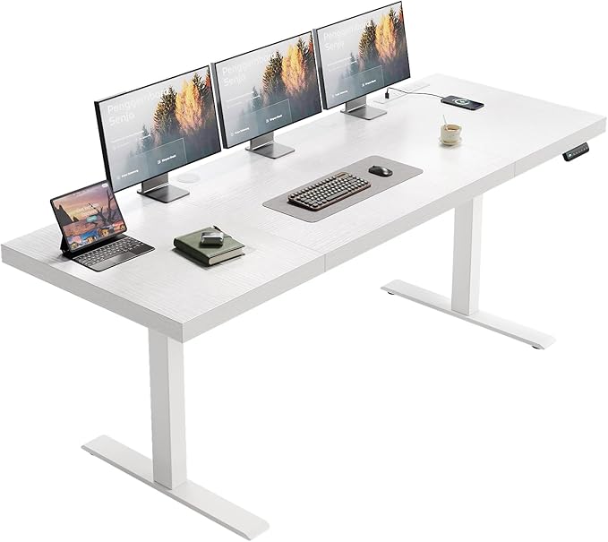 OffiGo 71 Inch Executive Electric Standing Desk Height Adjustable, White | 1.38" Thick 3-Panel Desktop, Power Outlets, 3 Memory Presets, Dual-Beam Frame for Home Office, Workstation, Conference Room
