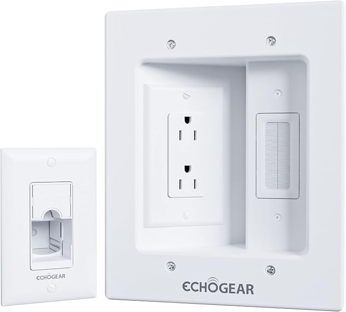 ECHOGEAR TV Cord Hider for Wall Mounted TV – Dual Outlet in-Wall Cable Management Kit for Power & Low Voltage Cables – Includes 6.25”L x 8”H x 3.95”D Module, Wall Template, Saw, 6ft Extension Cord