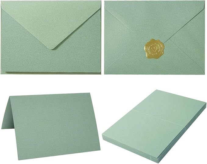 50 Pack Sage-Green A6 Envelopes with Cards and Gold Stickers, 4x6 | With Thick Folded Cardstock, For Greeting Cards, Wedding, Birthday, Invitations, Baby Showers
