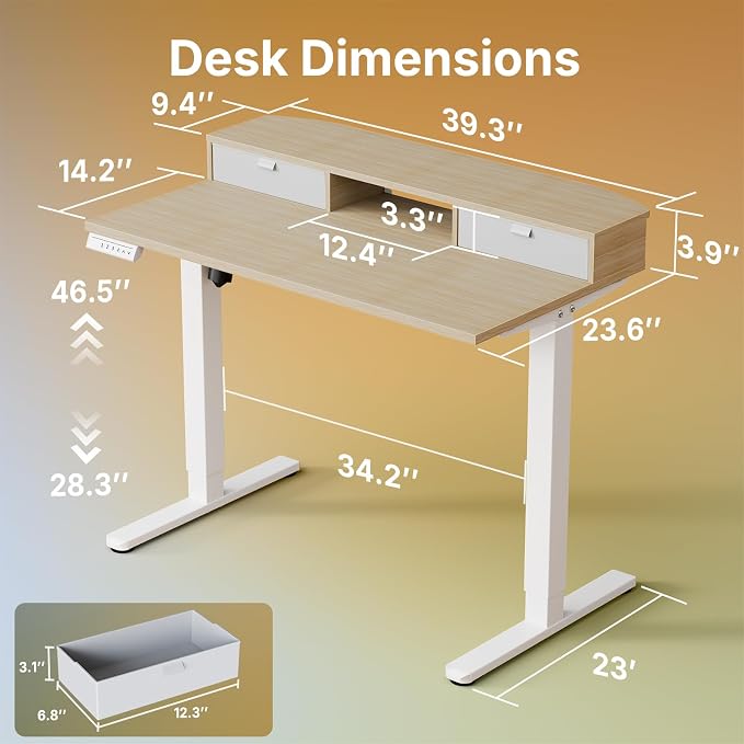HUANUO 40 x 24 inch Small Electric Standing Desk with 2 Drawers, C-Clamp Mount Compatible, Height Adjustable Sit Stand Desk, Home Office Stand Up Desk with 4 Memory Height Settings, Light Walnut