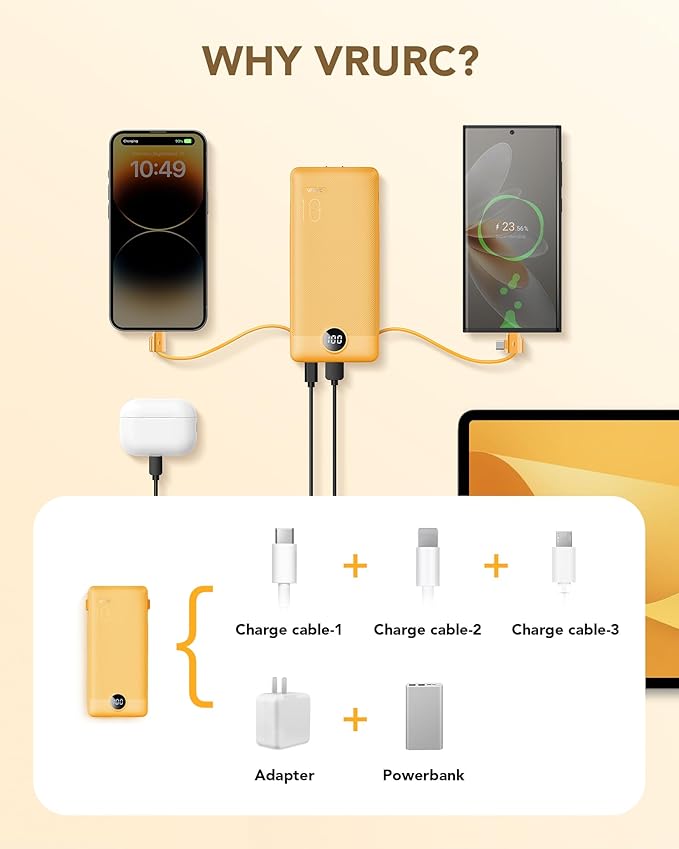 Portable Charger Built-in Cables and AC Wall Plug,VRURC Power Bank 10000mAh | Travel Battery Phone Charger Compact Lightweight External Battery Pack for Smart Phones, Tablets - Orange