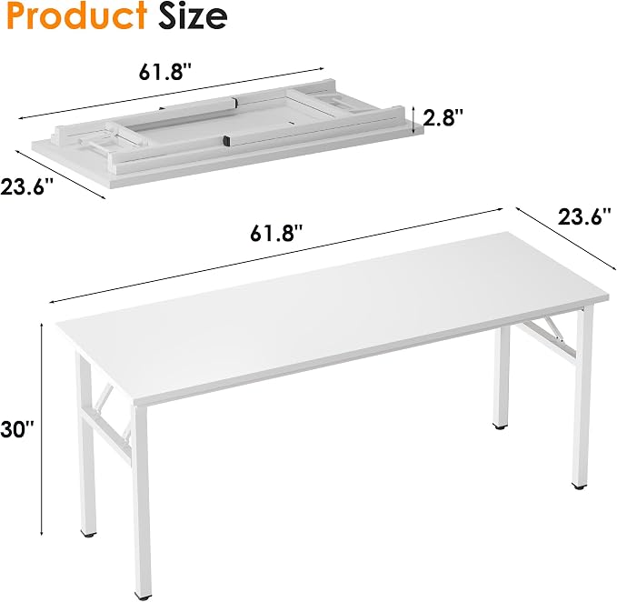 Need Folding Computer Desk, Large 62 inches Folding Table for Home Office, No Install Needed Foldable Writing Table Long Desk, Space-Saving, White