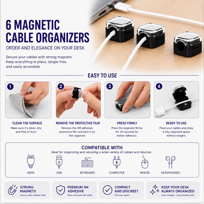 Cable Management Kit for Desk, 34-Piece, Black, Magnetic Organizer, Silicone Clips, Velcro Straps, Sleeve Wrap, Adhesive Cord Holders Office, Home & Gaming Setup cord organizer