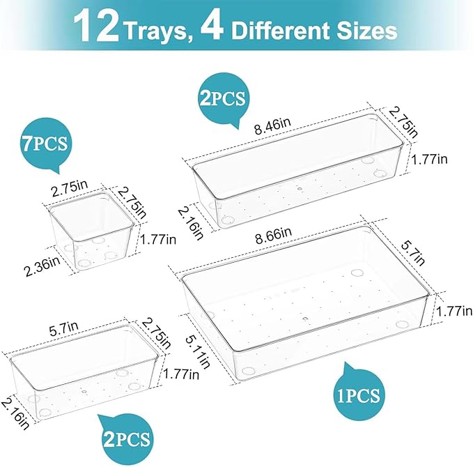 Drawer Organizers Set of 12, 4 Sizes Clear Plastic Drawer Organizers and Storage Bins for Kitchen, Bathroom, Office, Dresser Desk Drawer Organizer Tray for Jewelry, Makeup, Junk, Gadgets