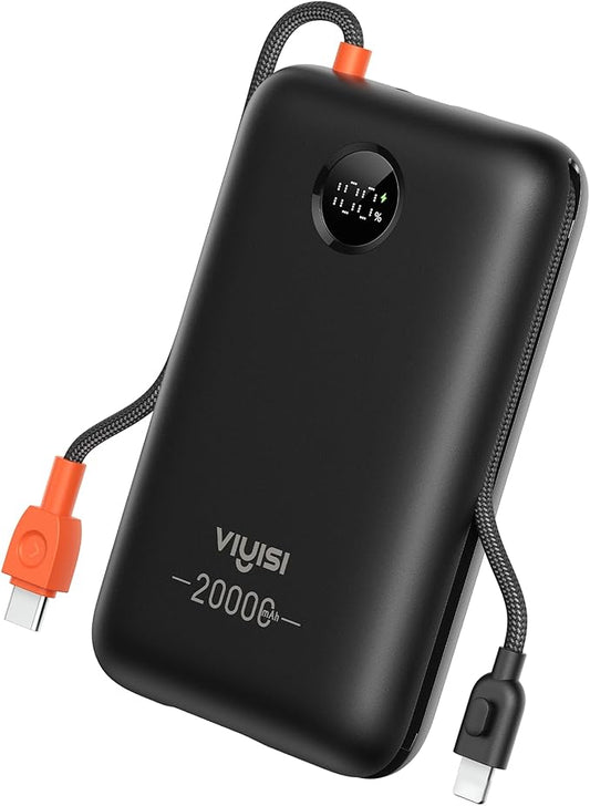 VIYISI Portable Charger 20000mAh 30W Fast Charging, Power Bank with Built-in USB C & Lighting Cables, LED Display Battery Pack Compatible with iPhone 17 16 15 14 Pro Max, iPad, Samsung Galaxy, Travel