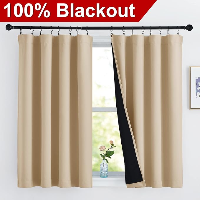 NICETOWN Bedroom Full Blackout Curtain Panels, Super Thick Insulated Rod Pocket Window Covers, Blackout Draperies with Black Liner for Short Window (Biscotti Beige, Set of 2 PCs, 52 by 45-inch)