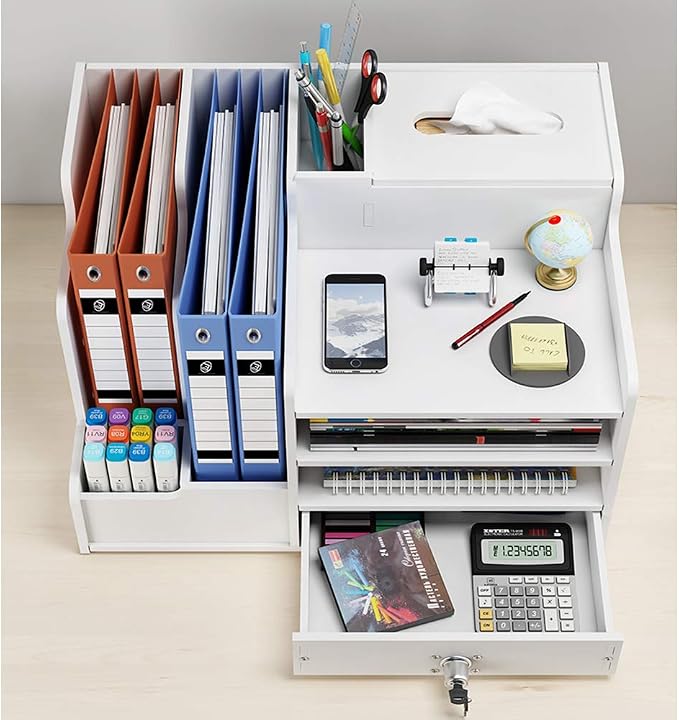 White Desktop Organizer, Multipurpose Desk Document File Tray Organizer Storage Display Shelf Rack for Home Office School(PB07-2)