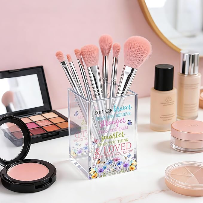 You are Braver Than You Believe Acrylic Pencil Pen Holder Cup, Wildflowers Makeup Brush Storage Organizer, Women Affirmation Desk Accessories Holder, Graduation Gifts for Daughter Niece