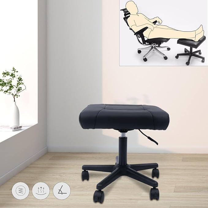 Footrest Stool Under Desk, 15.75-20in Height Adjustable Footrest, Leg Rest Ottoman, Ergonomic Office Foot Stool, with 360° Rolling Wheels, Portable for Home, Train, Load Capacity 220LBS Black