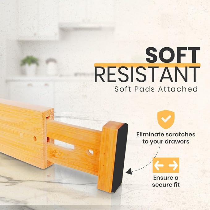 Adjustable Bamboo Drawer Dividers, Drawer Organizer for Kitchen, Bedroom, Bathroom, Office Desk, Dresser Nursery & Silverware, Natural Wooden Separators with Soft Foam Ends, Expandable