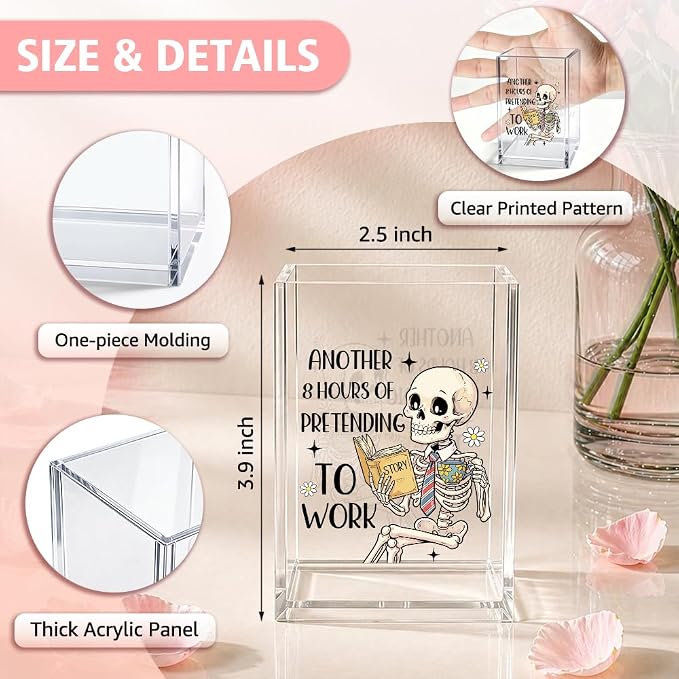 Funny Another 8 Hour Of Pretending To Work Acrylic Pencil Holder Cup | Skeleton Pen Holder for Women Men Coworkers, Home Office Desk Accessories, Sarcastic Humor Gifts for Friends Boss Teacher
