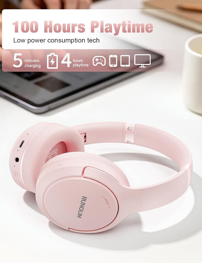 RUNOLIM Hybrid Active Noise Cancelling Headphones, Wireless Over Ear Bluetooth Headphones with Microphone, 100H Playtime, Foldable Headphone with HiFi Audio, Deep Bass for Home Travel Office（Pink）