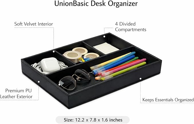 UnionBasic Flat 4-Slot Leather Desk Drawer Tray Stationery Sundries Gadget Organizer Storage Box Pen Pencil Holder Case Container (Black)