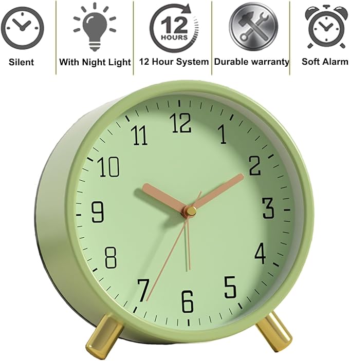 SHISEDECO Small Analog Alarm Clock, Battery Operated Desk Clock, Green | Bedside Analog Non-Ticking Silent Small Deskclock Battery Operated for Living Room, Bedroom, Office