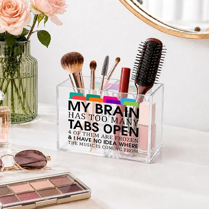 My Brain Has Too Many Tabs Open Cosmetic Organizer Pen Holder, Sarcastic Pencil Holder 2 Compartments, Humor Office Desk Organizers Accessories for Coworker, Office Gifts for Colleague Mentor