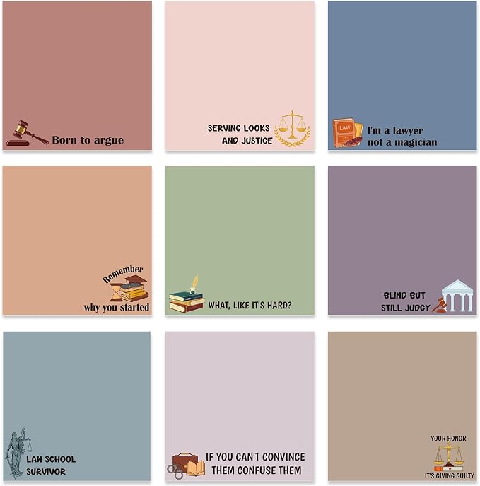 Lawyer Sticky Notes Gifts - 9 Pack Attorney Notepads 3x3 Inches, Lawyer Gifts for Women Men, Law Self-Stick Memo Pads, Legal School Office Supplies for Friends Coworkers (450 Sheets)
