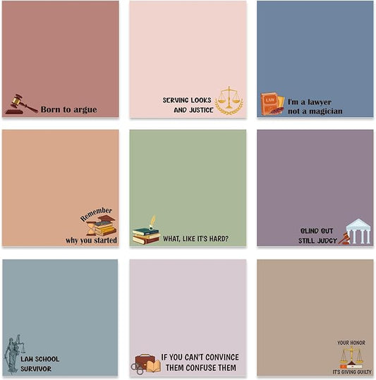 Lawyer Sticky Notes Gifts - 9 Pack Attorney Notepads 3x3 Inches, Lawyer Gifts for Women Men, Law Self-Stick Memo Pads, Legal School Office Supplies for Friends Coworkers (450 Sheets)