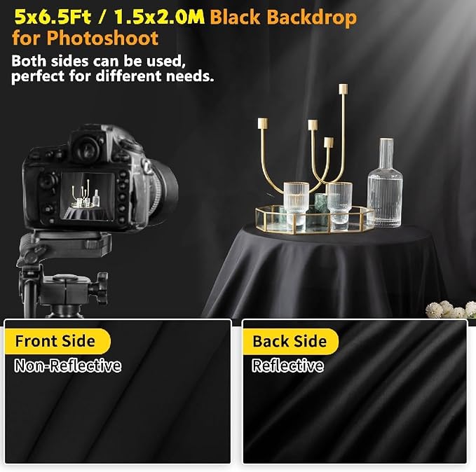 Black Backdrop for Photoshoot, 5x6.5ft Black Photo Backdrop Background, 1.5x2m Collapsible Fabric Backdrop Curtain, Portrait Back Drop Cloth, Content Creator Backdrops for Video Recording