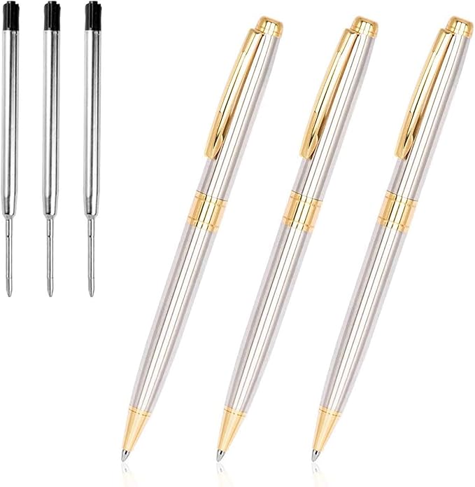 Cambond Ballpoint Pens Black Ink - Weighted Metal Twist Gold Pens for Police Uniform Flight Attendant Business, 1.0 mm Medium Point Smooth Writing, 3 Pens with 3 Refills (Gold)