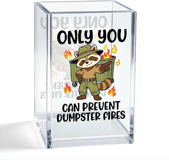 Only You Can Prevent Dumpster Fires Acrylic Organizer Pencil Pen Holder, Humorous Raccoon Trash Can Office Desk Accessory, Inspirational Appreciation Thank You Office Gifts for Coworker Boss