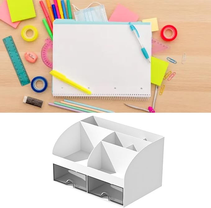 POCREATION Office Desk Organizer Desktop Storage Box Multifunctional Drawers with Transparent Design for Stationery Calculator Sticky Notes (White)