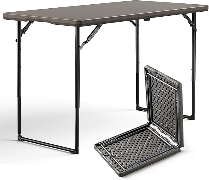 Folding Table, 4FT Foldable Picnic Table with Carrying Handle, Heavy Duty Fold-in-Half Portable Table for Weddings, Camping, RV Travel, Parties, BBQs, and Indoor Use, Easy to Fold and Store, Khaki