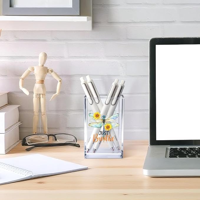 Just Breathe Acrylic Cosmetic Pencil Pen Holder Cup, Inspirational Dragonfly Desk Organizer Accessories for Home Office Decor, Motivational Encouragement Gifts for Women Girl Coworker Teacher