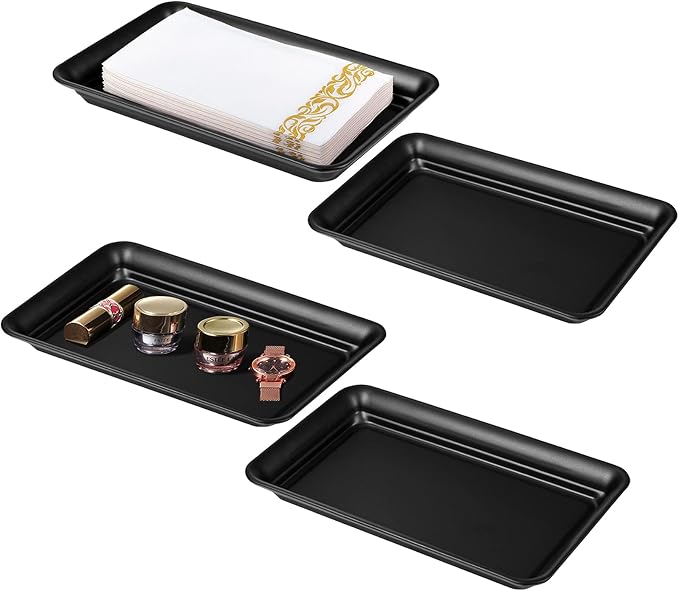 SheeChung Metal Vanity Tray, Bathroom Counter Storage Tray, Black 4 Pack | Sturdy Decorative Tray Holder, Farmhouse Vintage Decor Accessories for Perfume, Cosmetics, Jewelry, Makeup, Guest Hand Towel