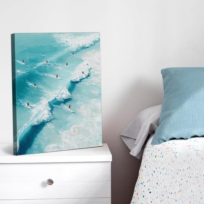 Coastal Ocean Surfing Wall Art Decor Nautical Beach Surf Painting Picture Artwork Blue Ocean Wall Decor for Home Beach Room Bedroom 8x10 Canvas Framed