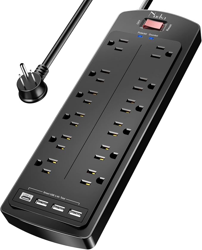Power Strip, Nuetsa Surge Protector with 12 Outlets and 4 USB Ports, 6 Feet Flat Plug Extension Cord for Home, Office, Dorm Essentials, 2700 Joules, ETL Listed (Black)