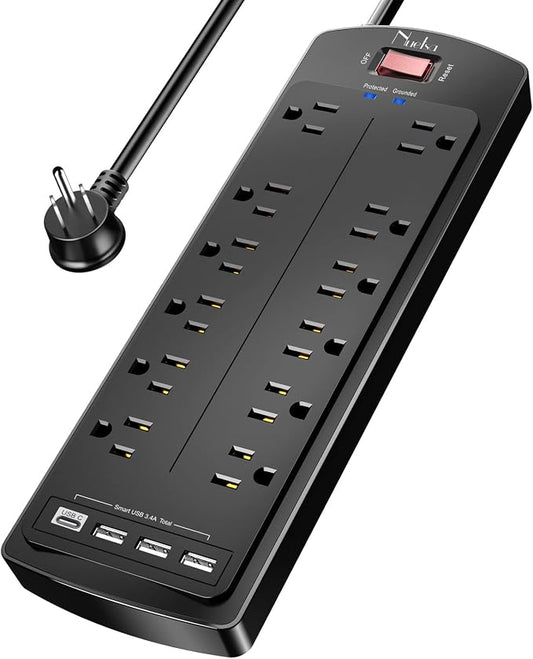 Power Strip, Nuetsa Surge Protector with 12 Outlets and 4 USB Ports, 6 Feet Flat Plug Extension Cord for Home, Office, Dorm Essentials, 2700 Joules, ETL Listed (Black)