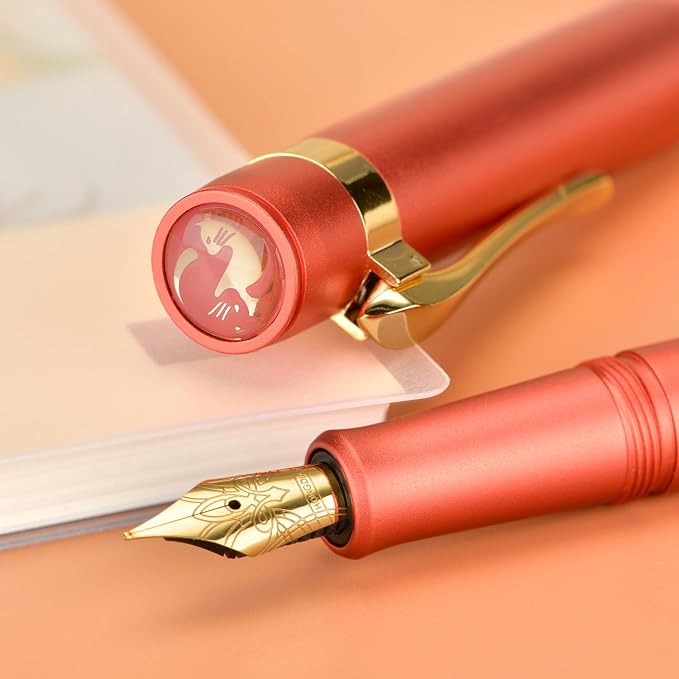 HONG DIAN M2 Black Forest Mini Fountain Pen, Fine Soft Golden Nib & Sleek Shape Aluminium Short Pocket Travel Pen (Orange Red)