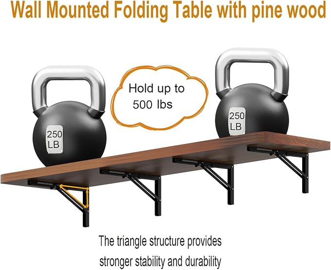 IAE Wall Mounted Folding Table with Pine Wood,72" x 16" Floating Wall Desk,Laundry Folding Table with Shelf Brackets,Fold Down Desk Shelf,Fold Workbench for Apartments,Home,Laundry Room,Kitchen,Teak