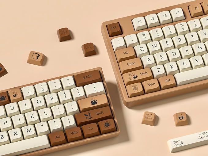dagaladoo Keyboard keycaps Set,Cute PBT keycaps 60% 65% 75% 100%,dye-Sublimation XDA Profile Custom Key caps for Cherry-mx Full Size Retro Mechanical Keyboard,Brown Coffee cat 140-key