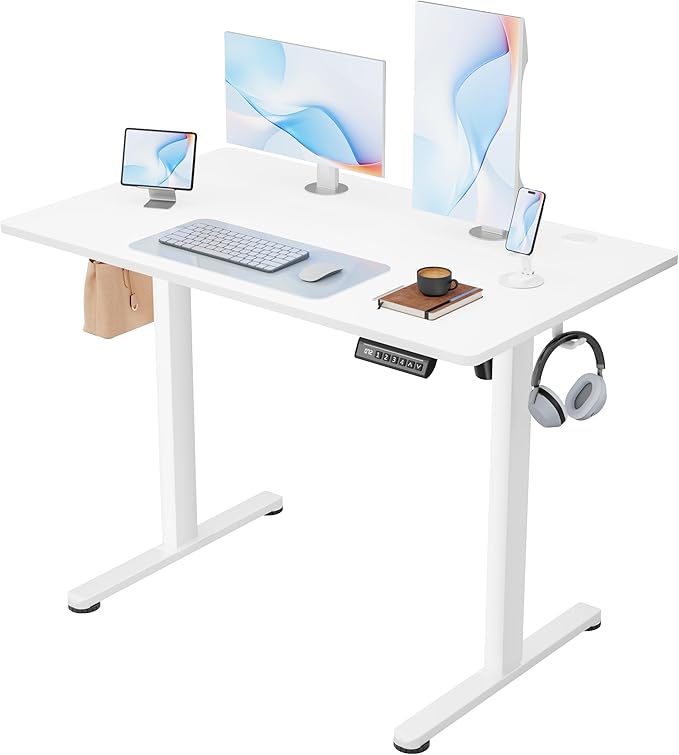 Furmax Electric Standing Desk, 40 x 24 Inches Sit Stand up Desk, Sit Stand Height Adjustable Home Office Desk with 4 Height Position Memory (White, 40)